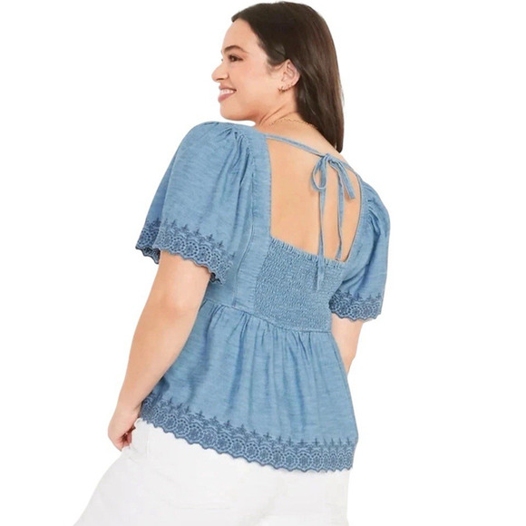 Old Navy Womens XL Chambray Flutter Sleeve Top Blouse Tie Back Boho Square Neck - Picture 6 of 15